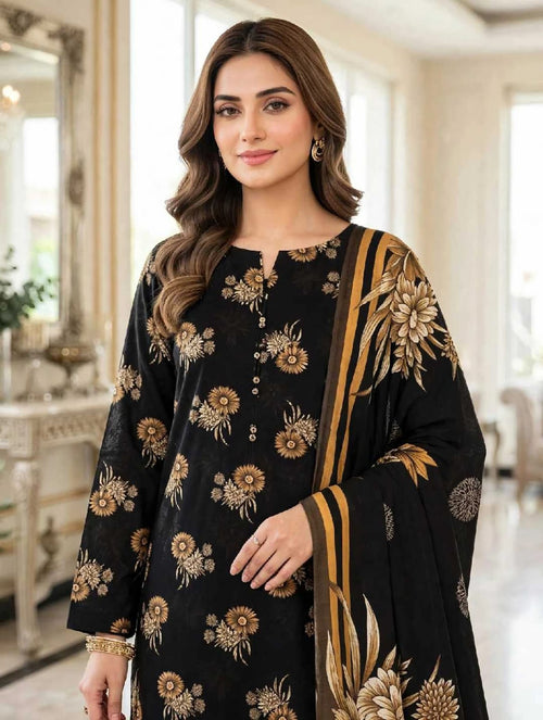 3Pc Linen -Black Golden Dahlia - Unstitched