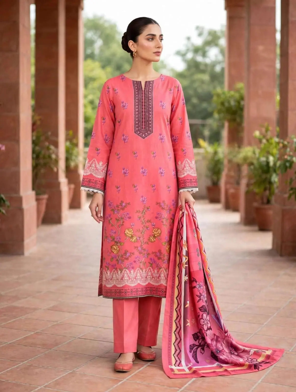 Karandi 3-PC Unstitched Printed - Coral Pink