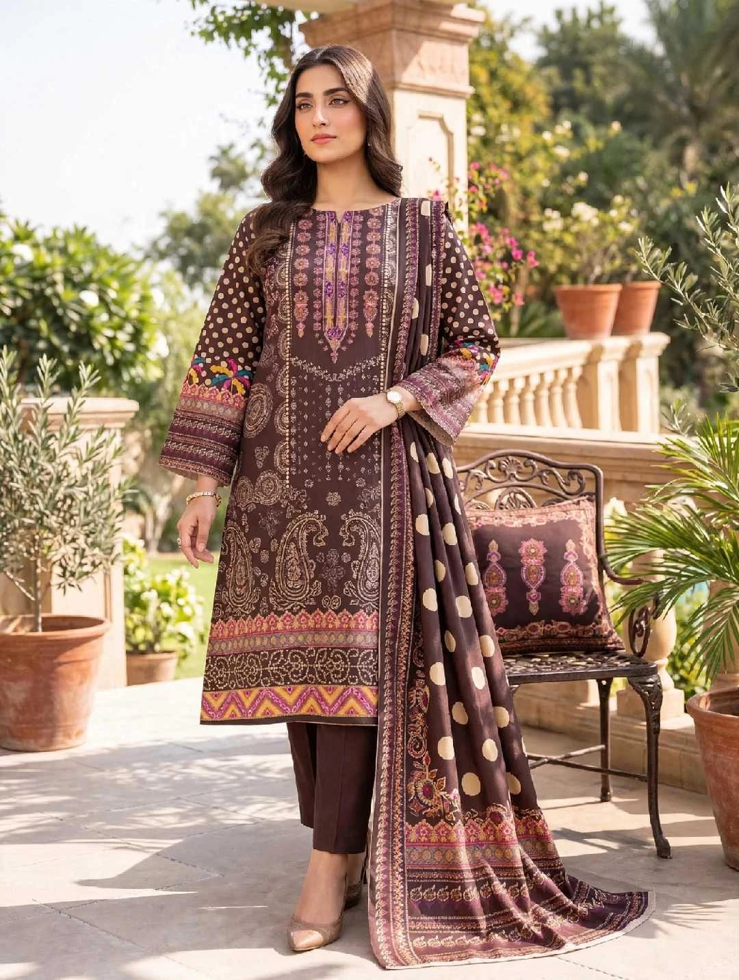 Dhanak 3-PC- Chocolate Brown Polka Paisley-Unstitched