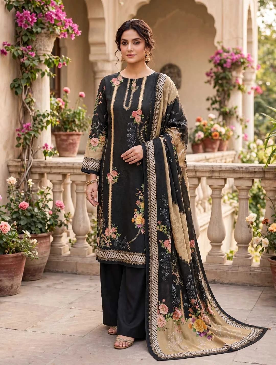 Dhanak 3-PC-Black Vintage Rose Garden - Unstitched