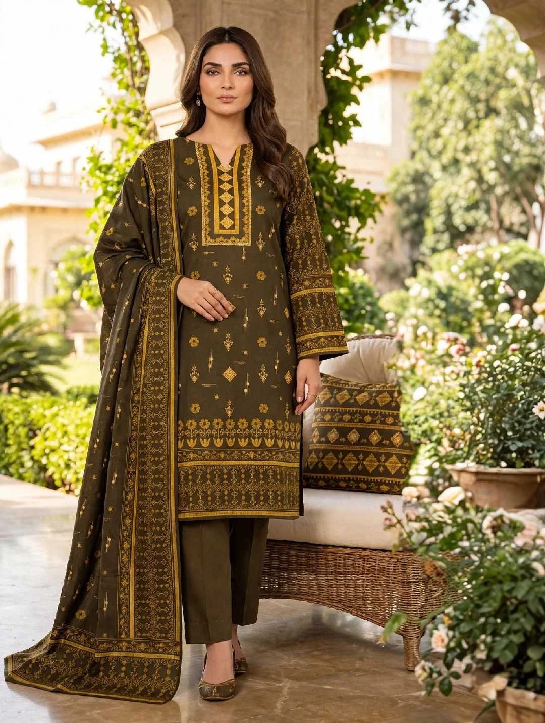 Dhanak 3PC-Olive Golden Heritage-Unstitched