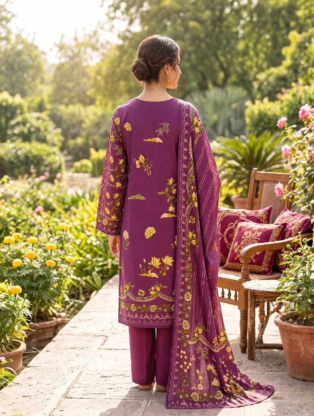 Dhanak 3-PC-Plum Sunflower Printed- Unstitched