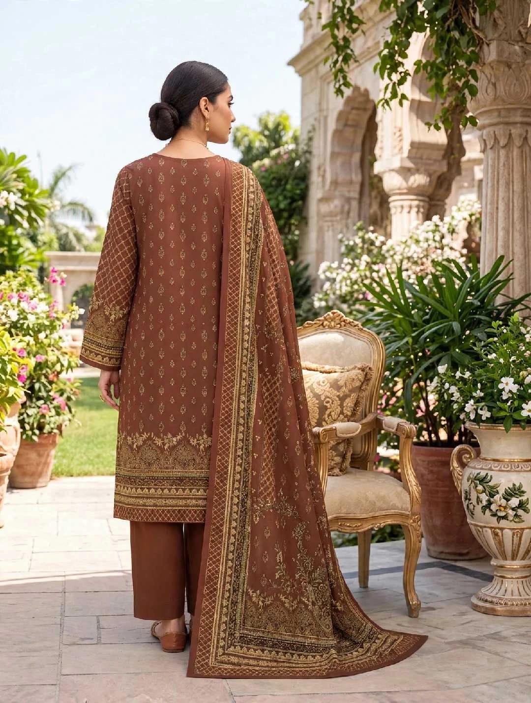 Dhanak 3-PC-Rust Brown Damask-Unstitched