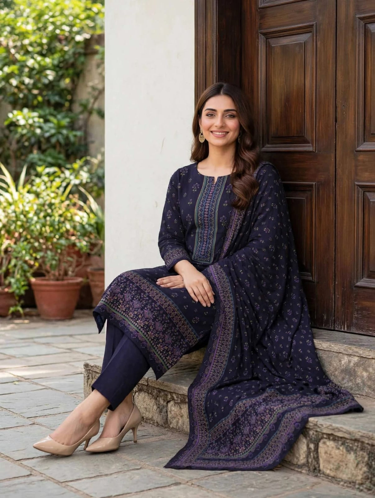 Dhanak 3Pc-Navy Blue Mughal Booti Chamki-Unstitched