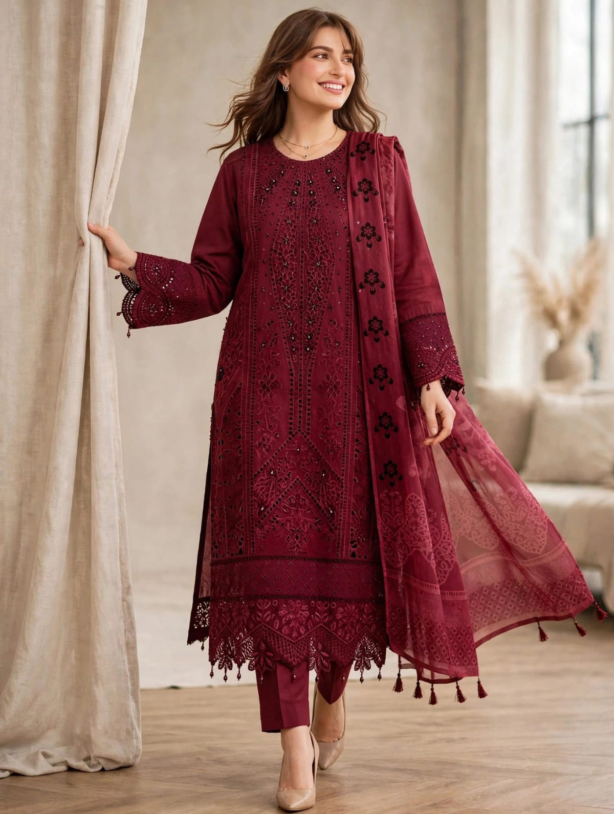 Burgundy Royale — Heavy Embroidered 3PC✨