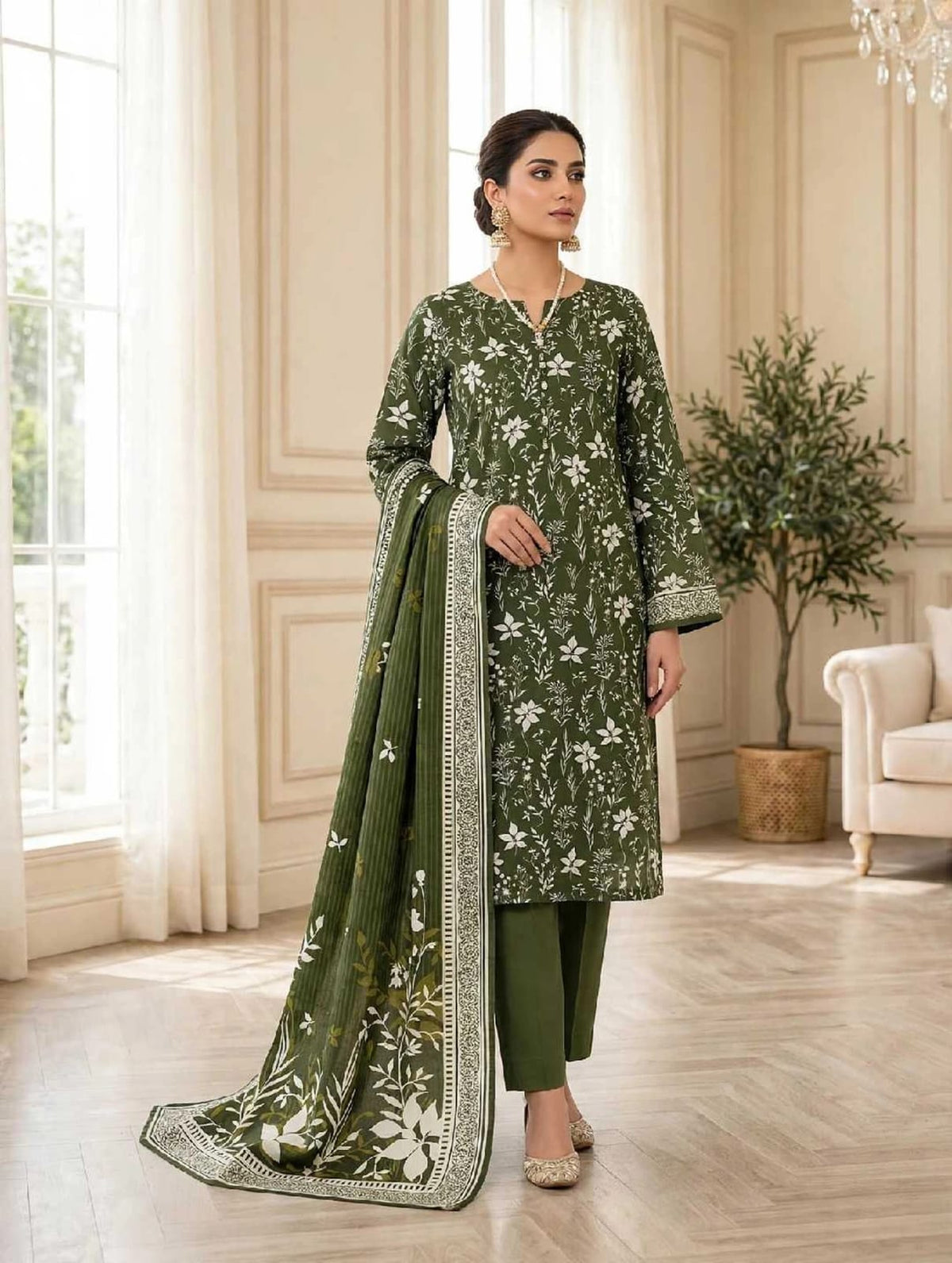 Linen 3-PC-Olive Green Vintage Flora - Unstitched