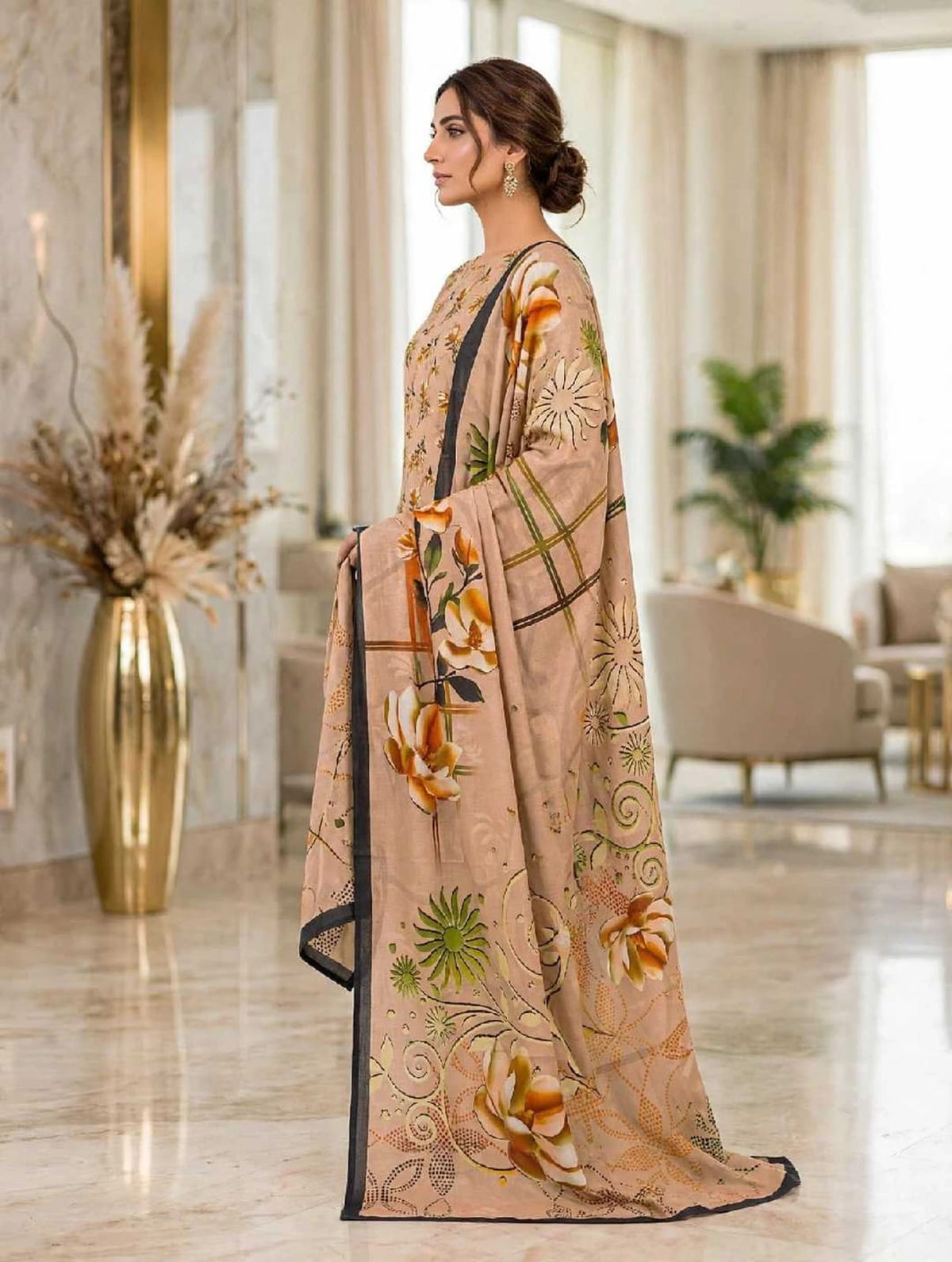Linen 3-PC-Sand Beige Sunshine Bloom - Unstitched