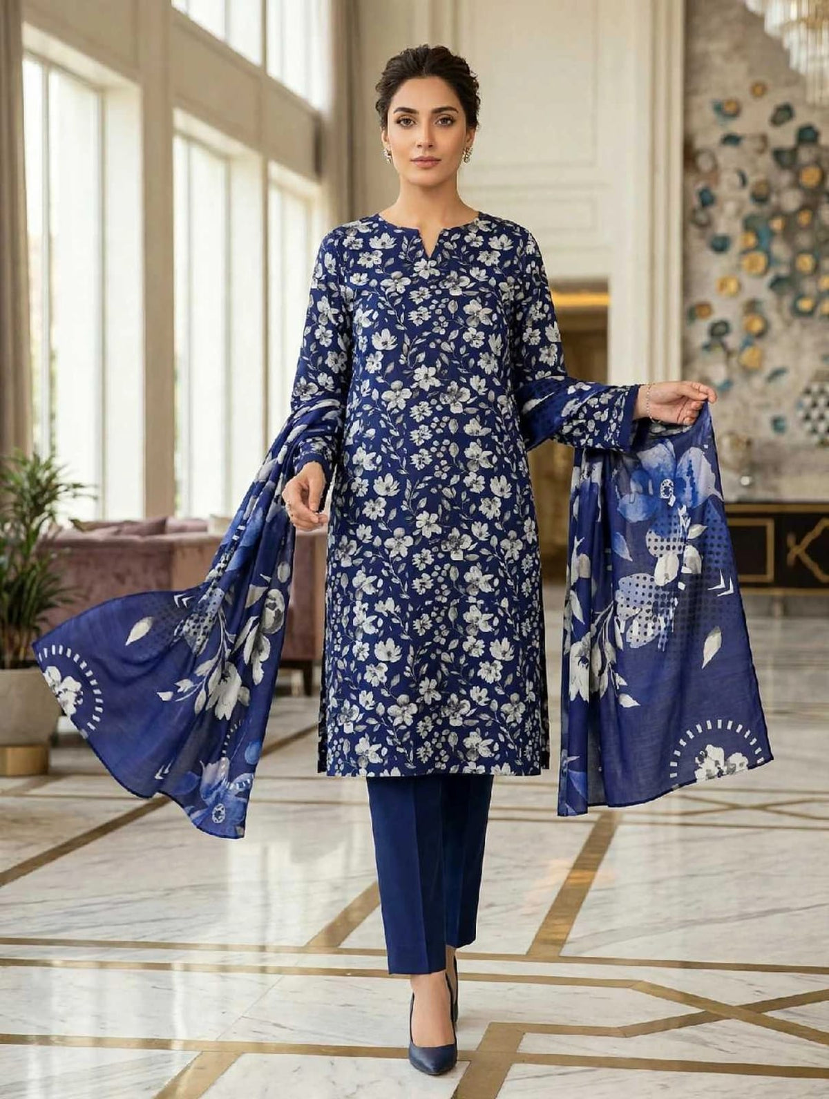 Linen 3-PC -Midnight Blue Floral Elegance - Unstitched