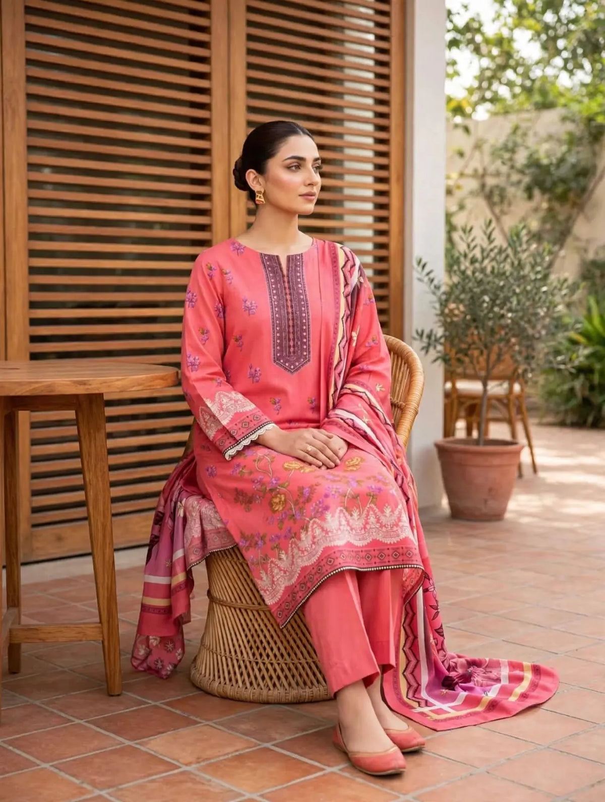 Karandi 3-PC Unstitched Printed - Coral Pink