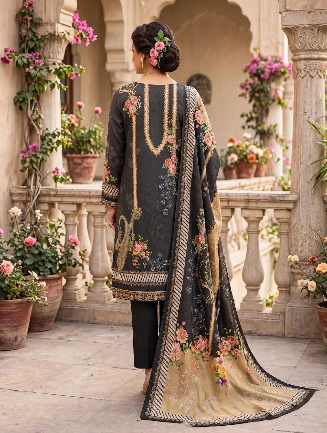 Dhanak 3-PC-Black Vintage Rose Garden - Unstitched