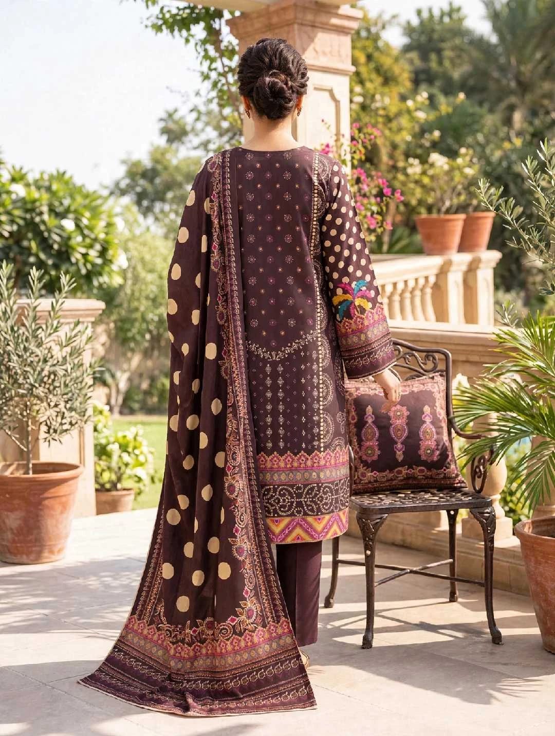 Dhanak 3-PC- Chocolate Brown Polka Paisley-Unstitched