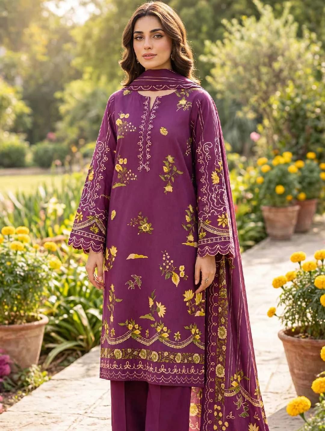 Dhanak 3-PC-Plum Sunflower Printed- Unstitched