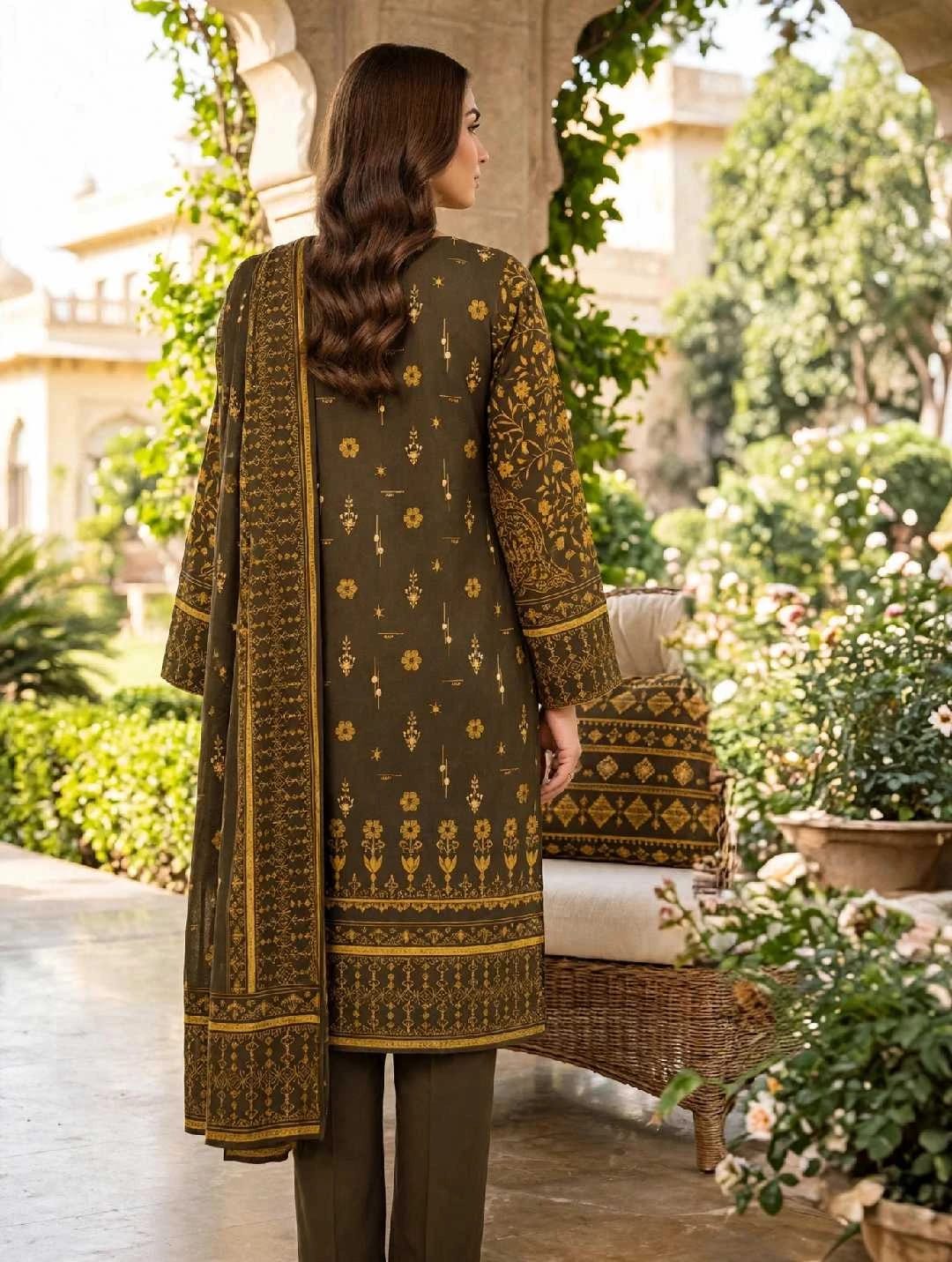 Dhanak 3PC-Olive Golden Heritage-Unstitched