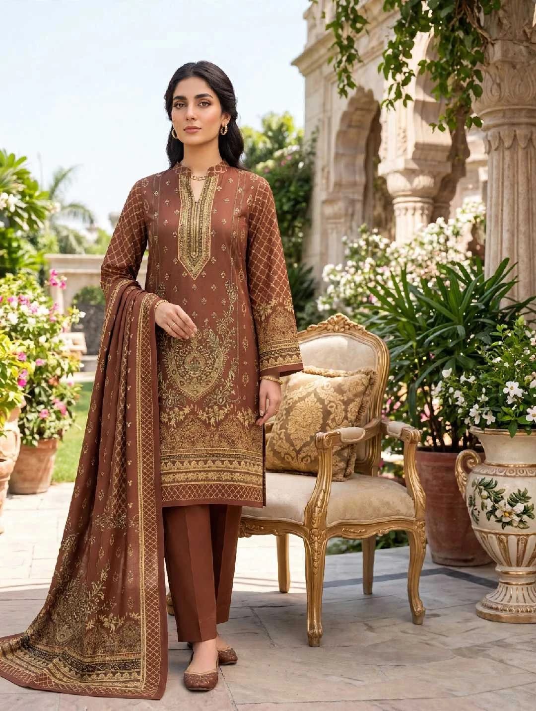 Dhanak 3-PC-Rust Brown Damask-Unstitched