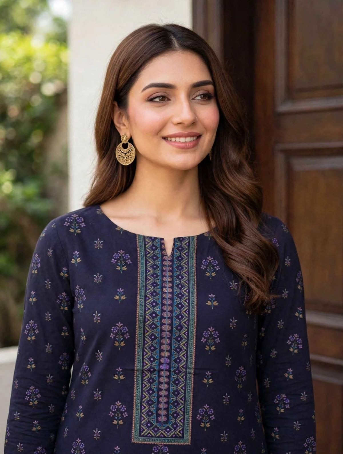 Dhanak 3Pc-Navy Blue Mughal Booti Chamki-Unstitched
