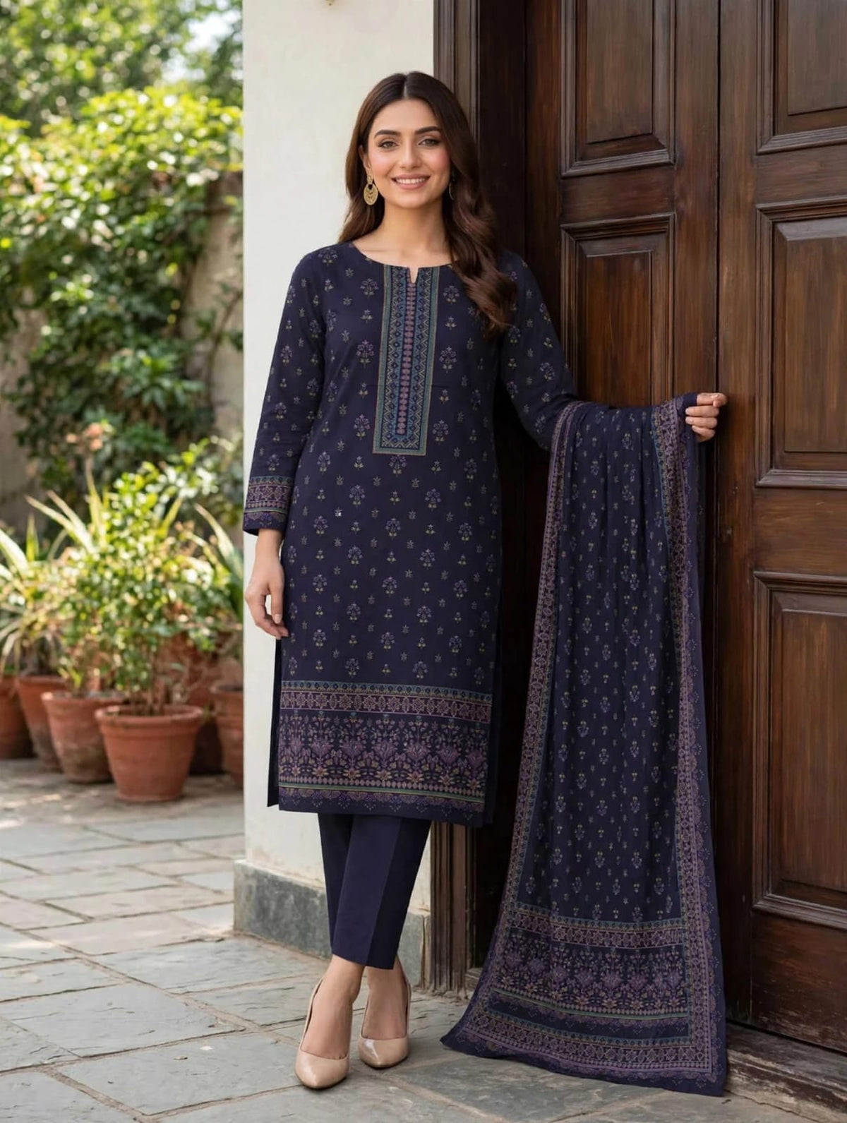 Dhanak 3Pc-Navy Blue Mughal Booti Chamki-Unstitched