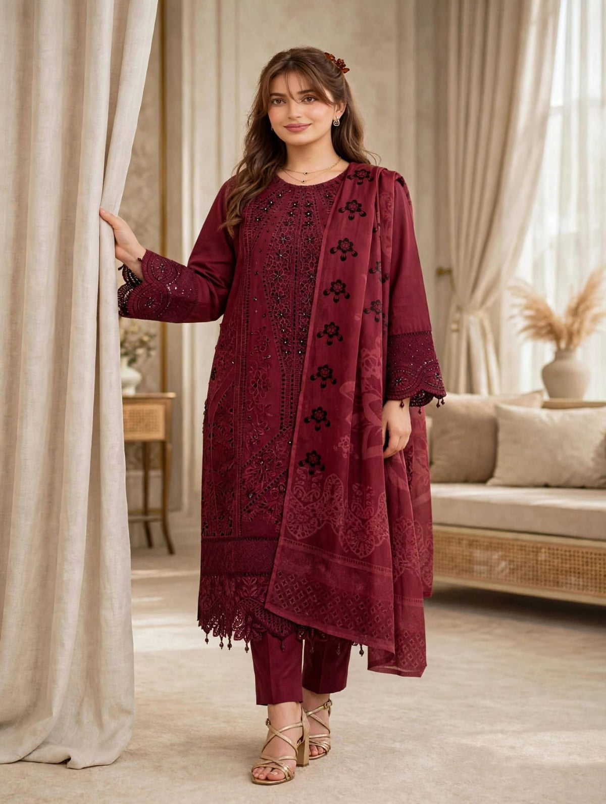Burgundy Royale — Heavy Embroidered 3PC✨