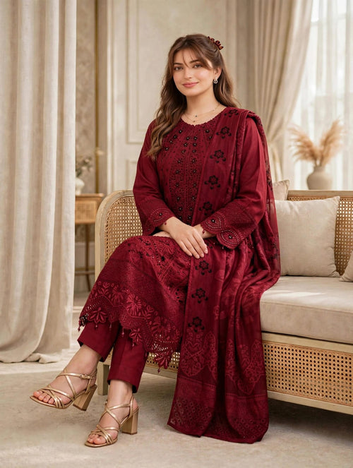Burgundy Royale — Heavy Embroidered 3PC✨