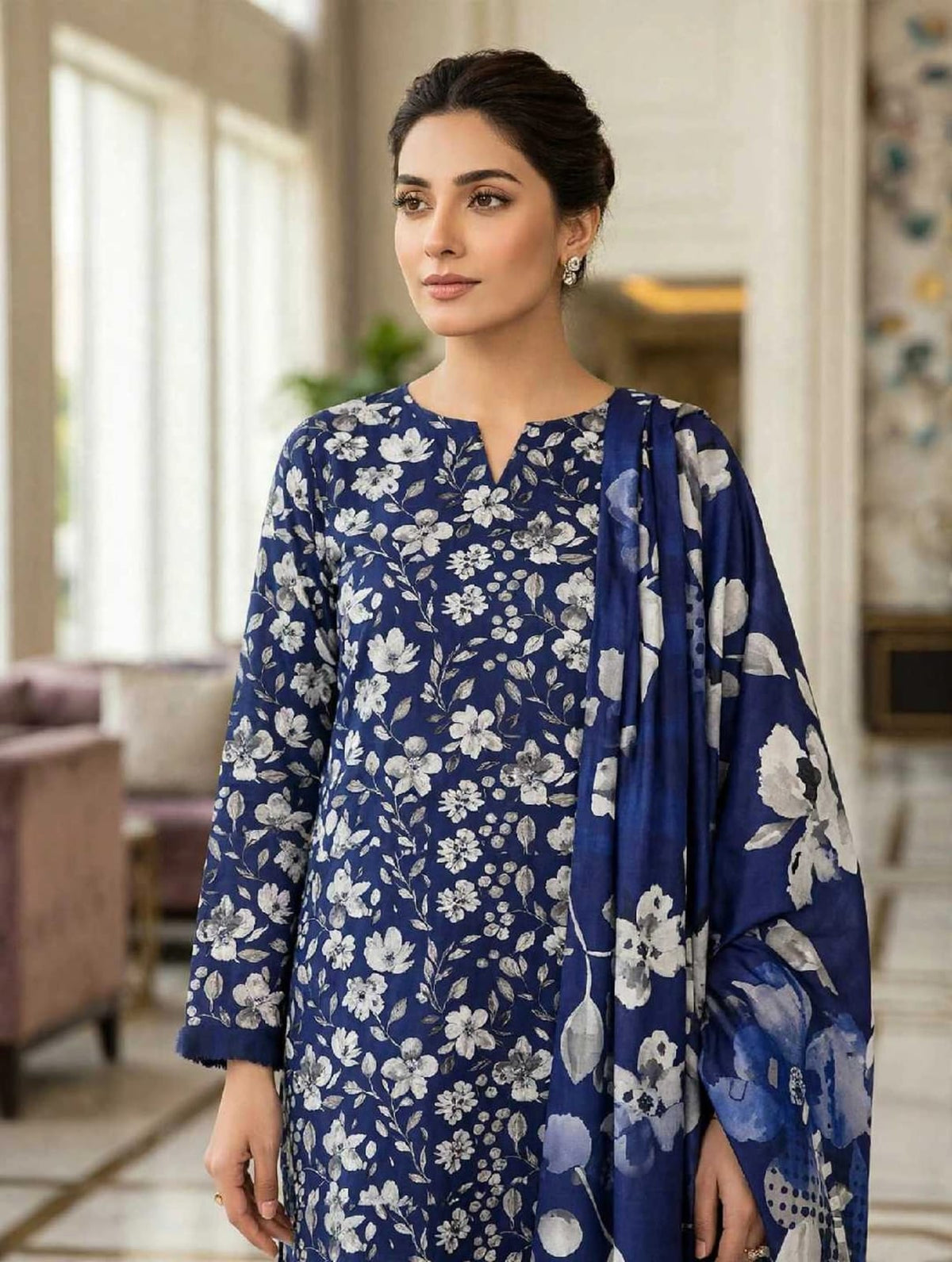 Linen 3-PC -Midnight Blue Floral Elegance - Unstitched