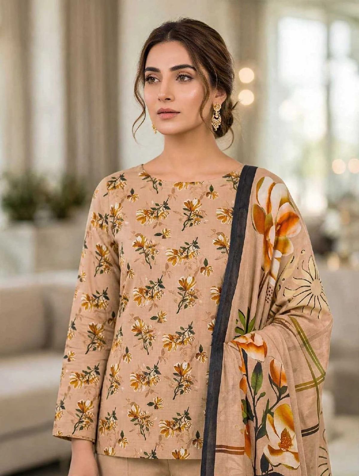 Linen 3-PC-Sand Beige Sunshine Bloom - Unstitched