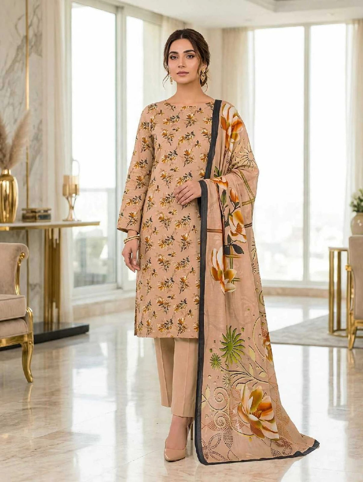 Linen 3-PC-Sand Beige Sunshine Bloom - Unstitched
