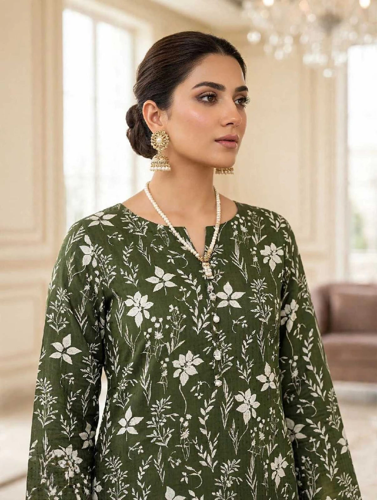 Linen 3-PC-Olive Green Vintage Flora - Unstitched