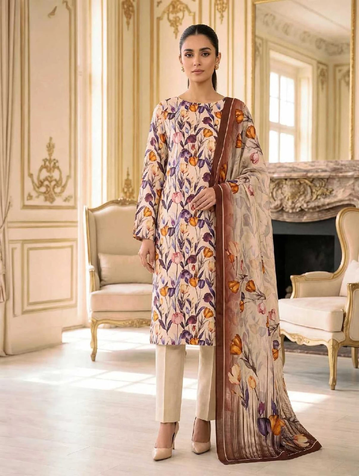 Linen 3-PC-Cream Tulip Serenity - Unstitched