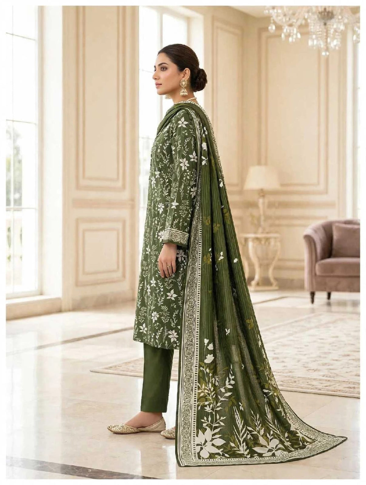 Linen 3-PC-Olive Green Vintage Flora - Unstitched